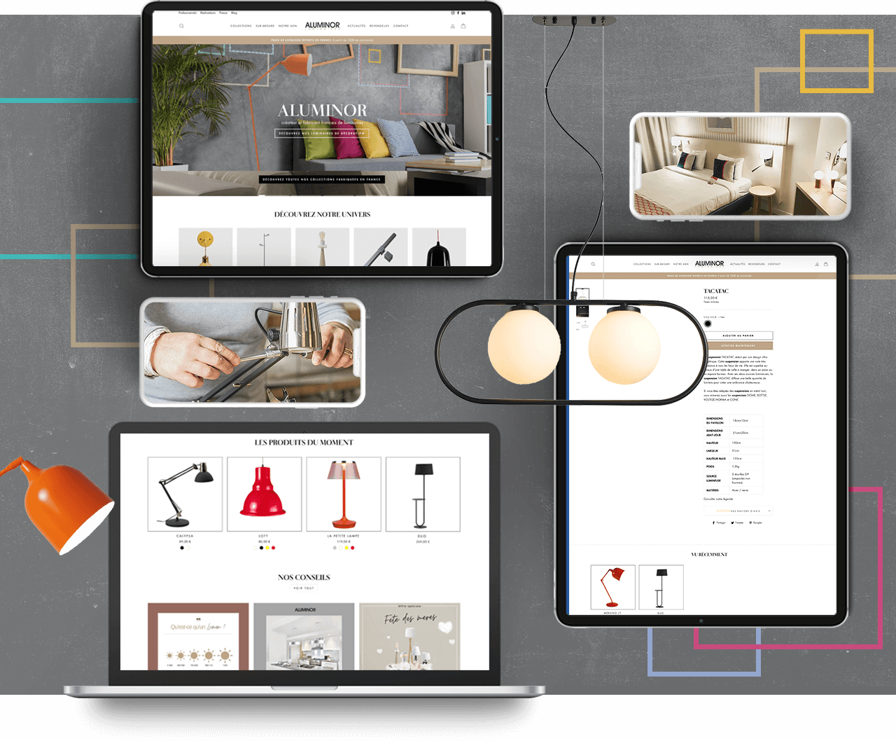 Extrait du site internet ecommerce d'aluminor présenté via des tablettes et un ordinateur portable. Les fiches produits des luminaires et des photos de mise en situation