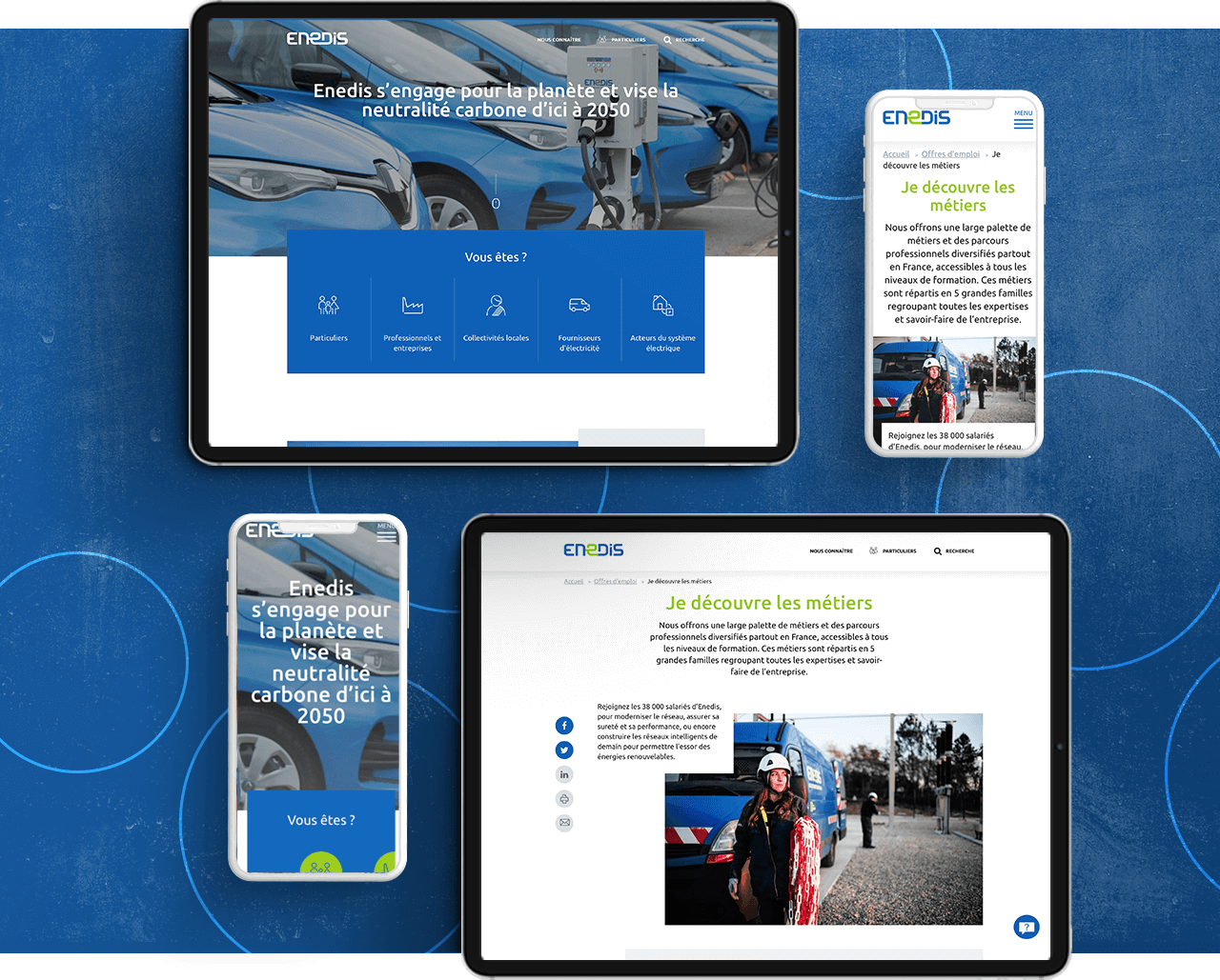 Extrait visuels de différentes pages issues du site internet d'Enedis, déclinée sur smartphones et tablettes.