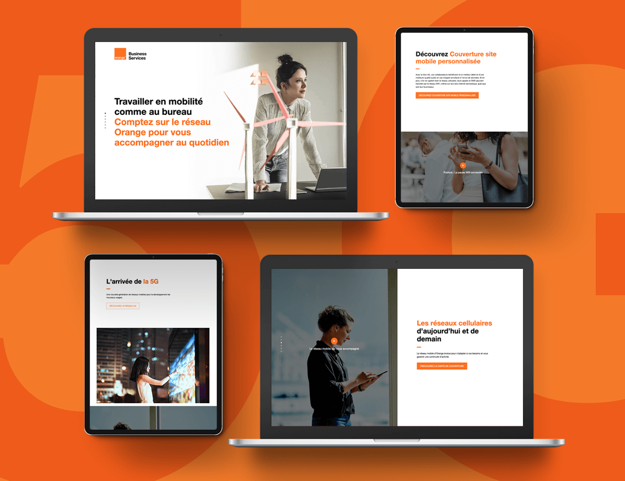 Plusieurs appareils (ordinateurs portables et tablettes) diffusent le site d'Orange Business Service