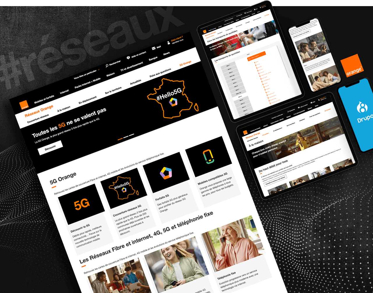 Extraits su site internet Orange Réseaux déclinés aux formats desktop, tablette et mobile