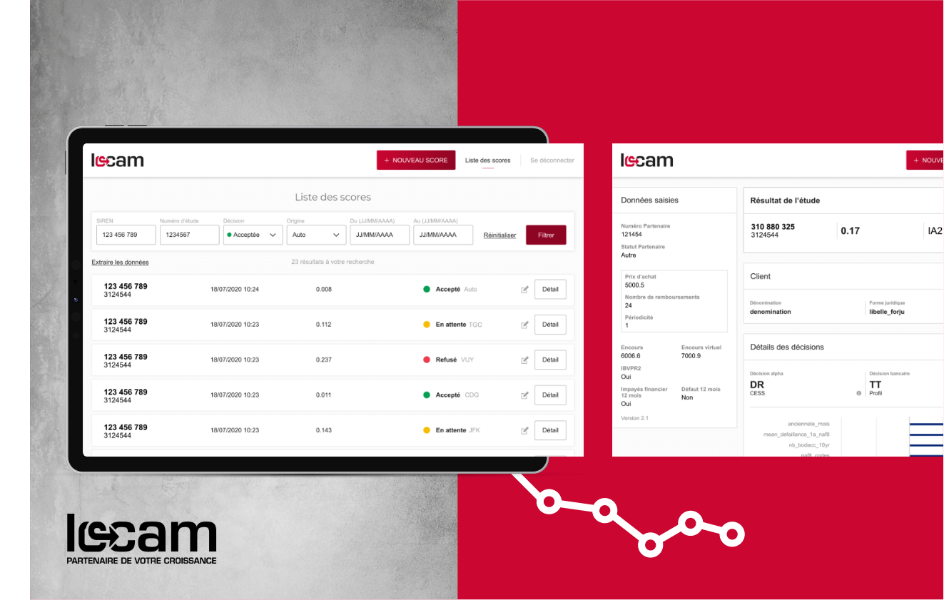 Extrait de l'outil de calcul du score de financement de Locam présenté dans une tablette.