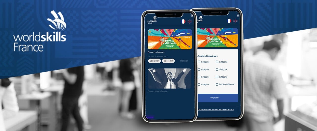 L'application mobile WorldSkills France vue depuis trois smartphones